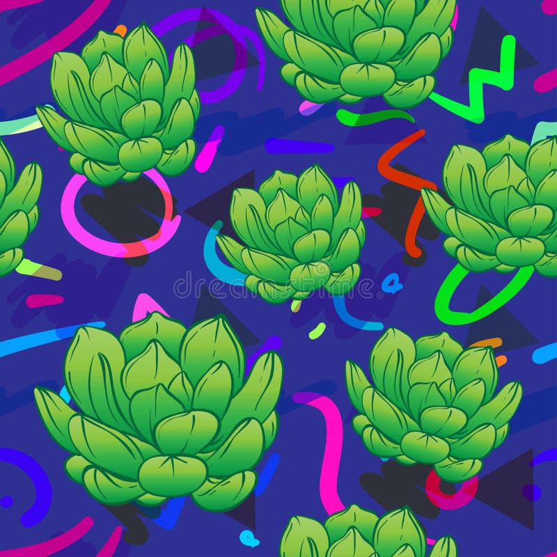 Seamless abstract geometric pattern with green succulents. Retro