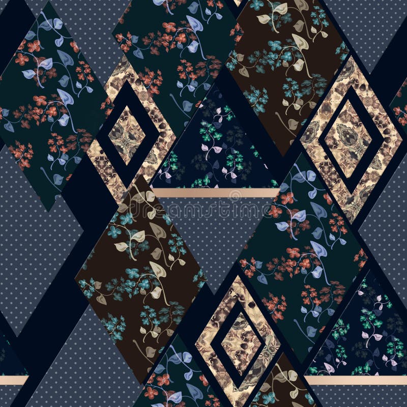 Seamless abstract patchwork plaid patches pattern dark stock illustration