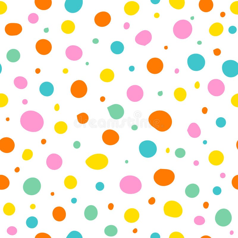 Seamless abstract pattern, background of multicolor falling confetti, polka dots on a light background, flat style. hand drawing vector illustration