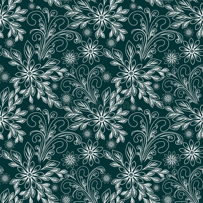 Seamless abstract Pattern with Flowers - white Ornament on green Background