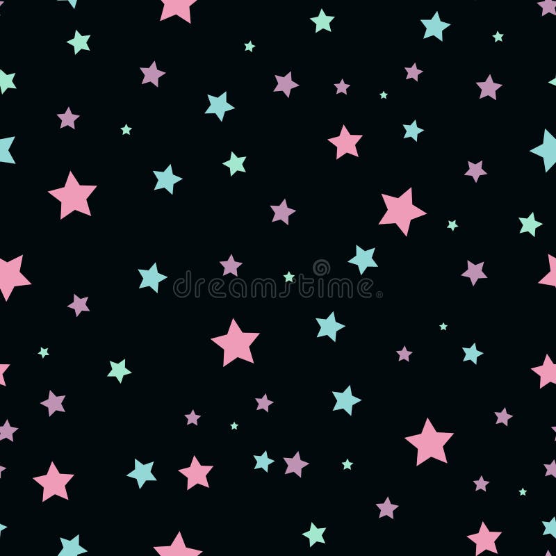 Seamless abstract pattern with pink and blue sharp stars on black background. Vector illustration. Vector fireworks royalty free illustration