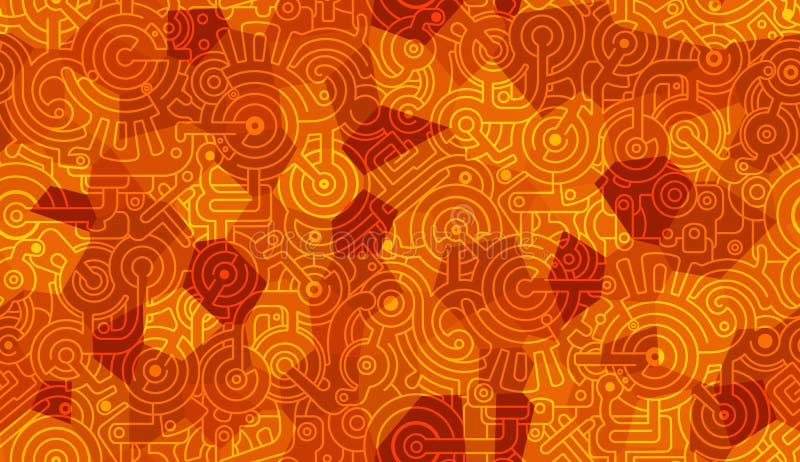 Abstract seamless vector pattern. Mechanical. Cogs, bolts and gears. Isolated background of polygons. Light and dark orange,  yell