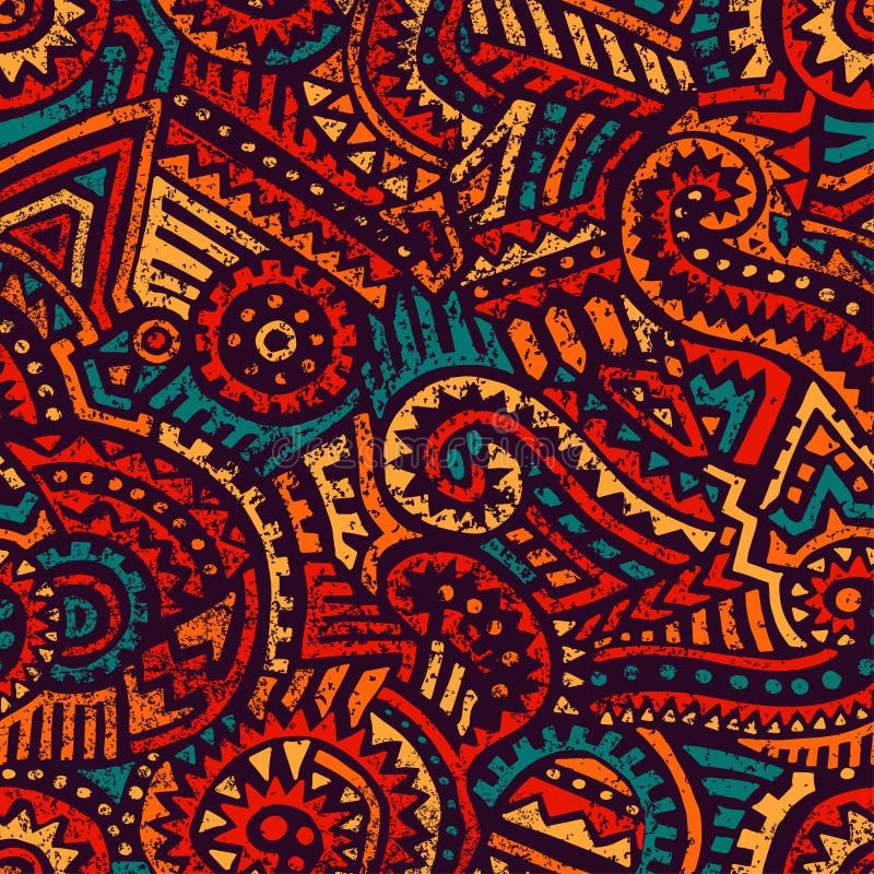 Seamless afrikansk modell Etniska och stam- motiv Orange, röda, gula, blåa och svarta färger Grunge textur Tappningtryck för vektor illustrationer