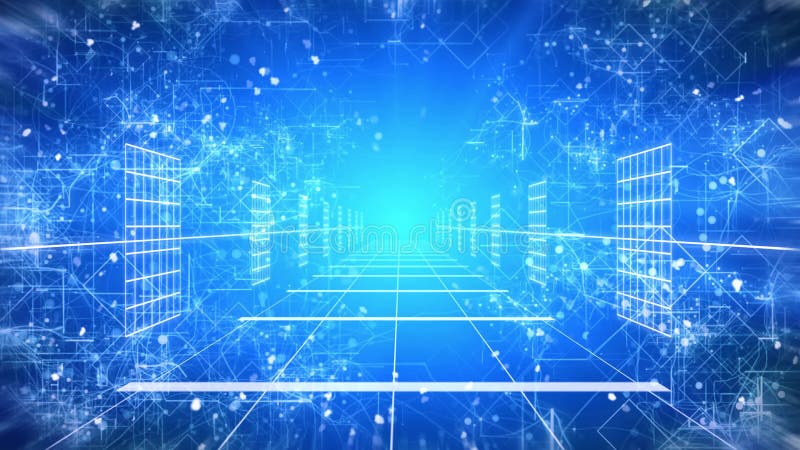 Seamless animation loop of camera movement or zoom in the futuristic fantasy path with digital computer sign and symbol and electronic circuit in cold icy winter atmosphere in 4K ultra HD. Computer matrix video