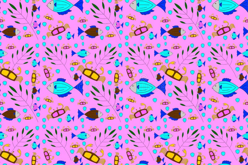 Seamless Aquatic Wallpaper Crab Fish Pink Background Stock Illustration
