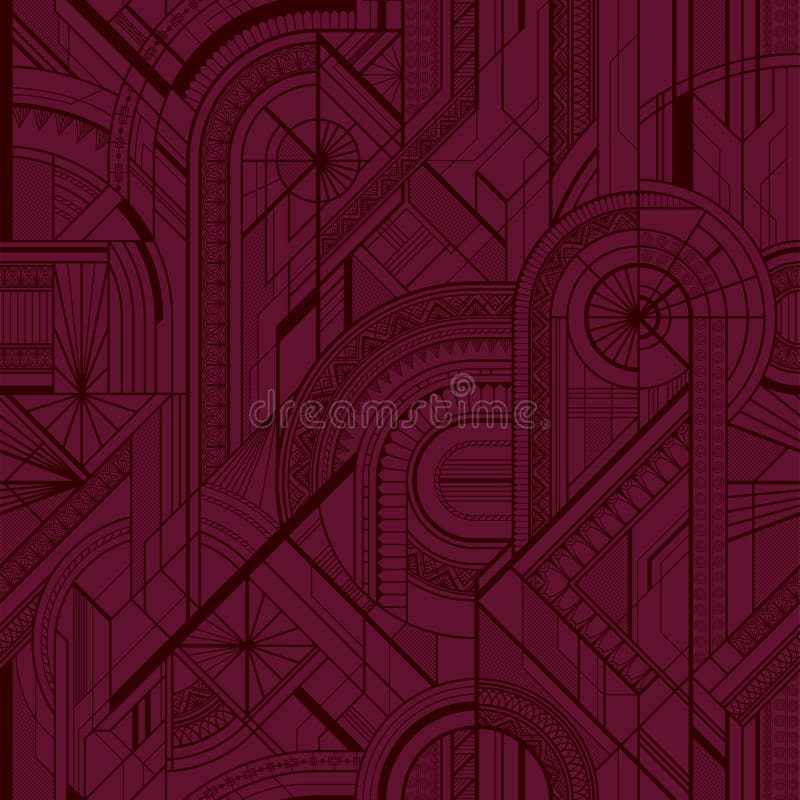 Seamless art deco geometric burgundy pattern with lines, circles and ornaments