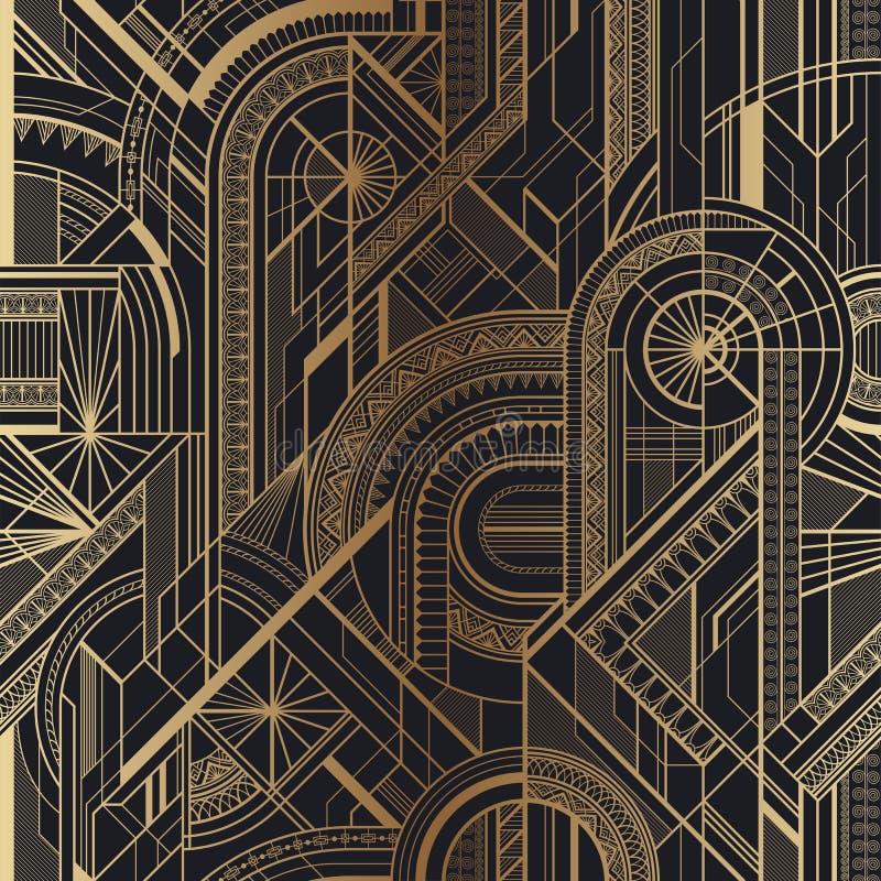 Seamless art deco geometric gold and black pattern with lines, circles and ornaments