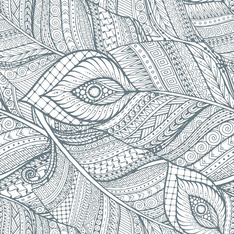 Seamless asian ethnic floral retro doodle background pattern in vector with feathers.