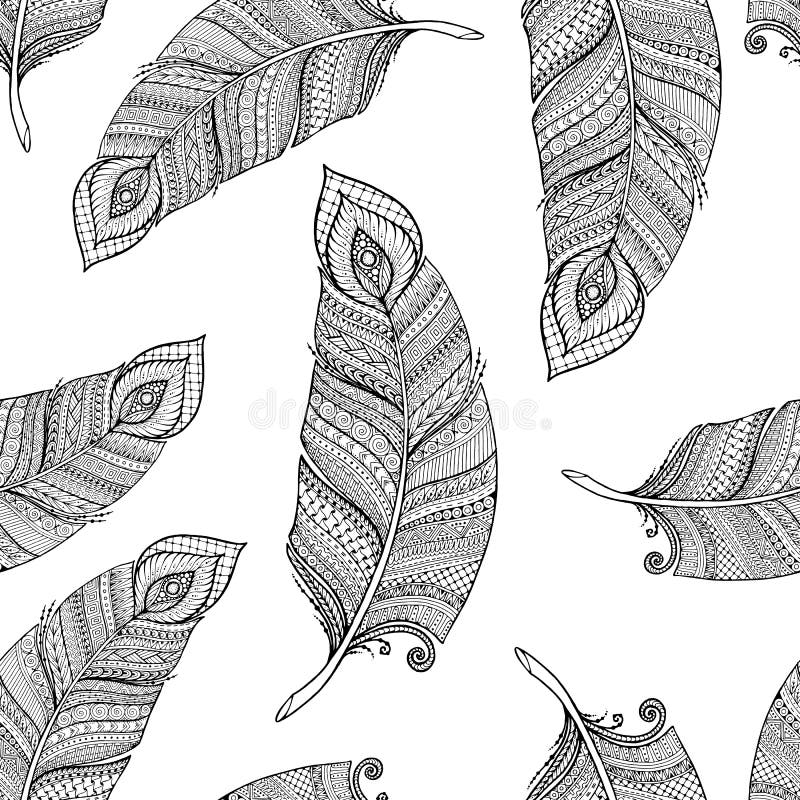 Seamless asian ethnic floral retro doodle black and white background pattern in vector with feathers.