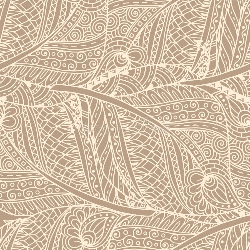 Seamless asian ethnic floral retro doodle monochrome background pattern in vector with feathers.