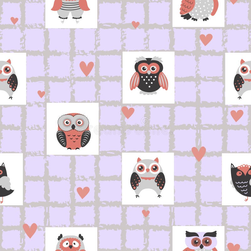 Seamless baby pattern with cute owls. Cartoon birds. Vector illustration for kids