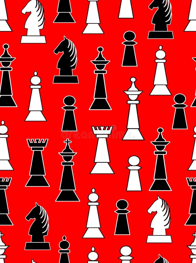 Seamless background with black and white chess pieces on light red background. Uneven distributed horse, king, queen, bishop and knight, Vector EPS 10