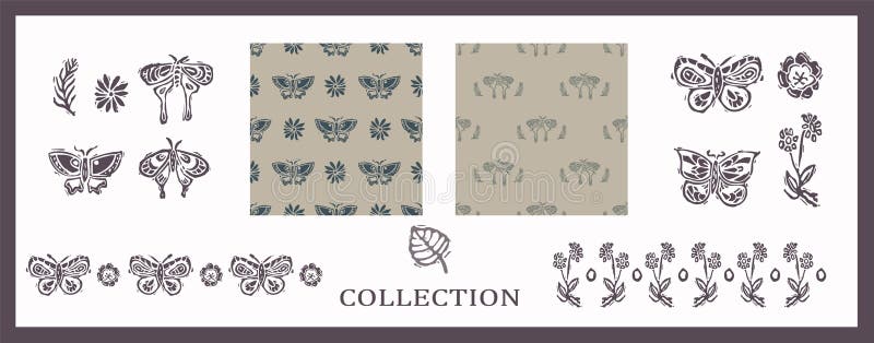 Seamless background carved butterfly bug set of 2 patterns with motif and border. Rustic babies silhouette illustration