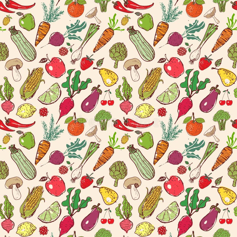 Seamless Background with Colored Doodle Sketch Vegetables and Fruits ...