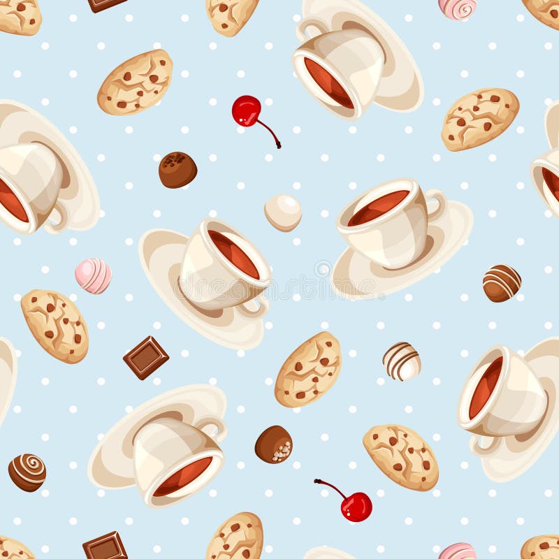 Seamless background with cups of tea, cookies and candies . Vector illustration.