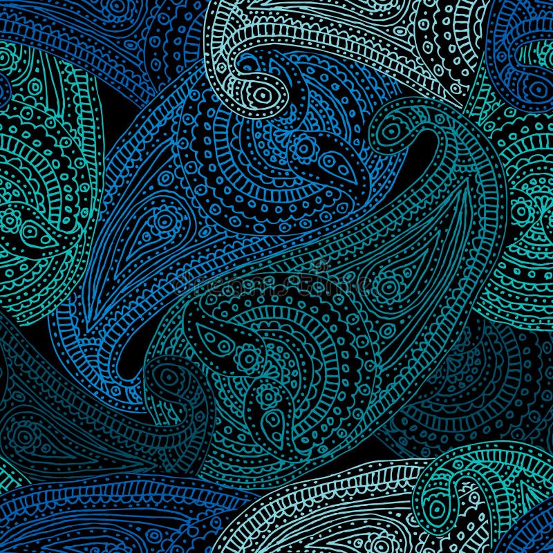 Seamless background of doodle paisley. Blue-green