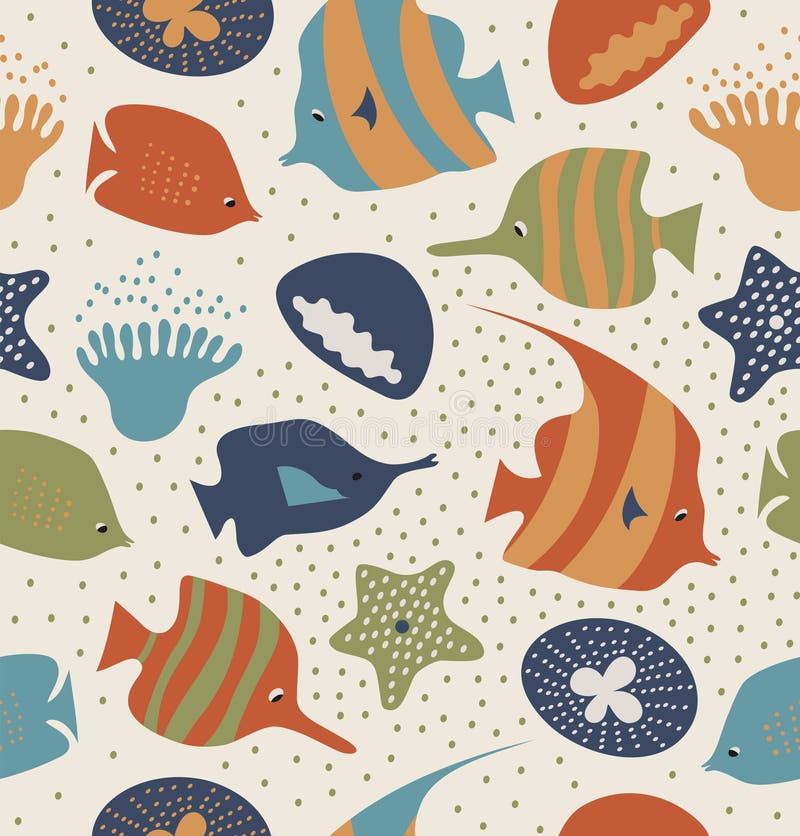 Seamless background with funny fishes, jellyfishes. Decorative marine texture. Pattern with sea creatures, corals. vector illustration Seamless background with funny fishes, jellyfishes. Decorative marine texture. Pattern with sea creatures, corals. vector illustration