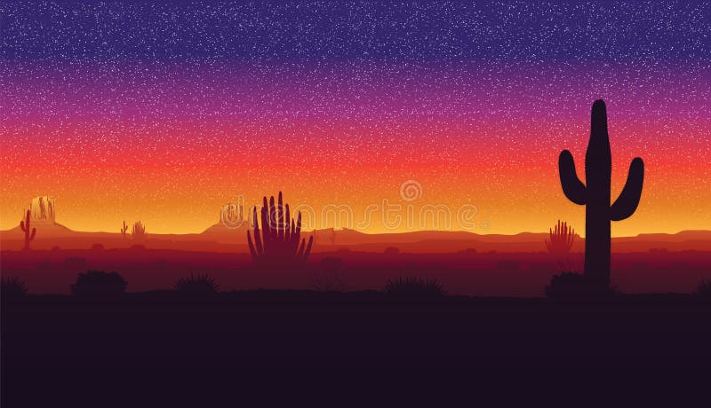 Seamless background of landscape with desert and cactus.