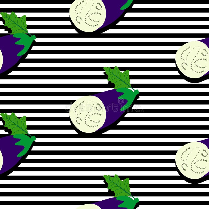 Seamless Background with Stripes and Sliced Eggplants with Dark Shadow