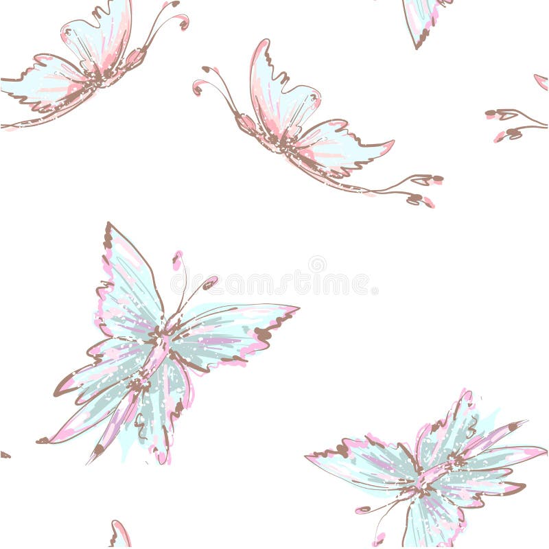 Seamless background from tender butterflies. Beautiful light blue butterflies chaotically fly. Seamless soft background