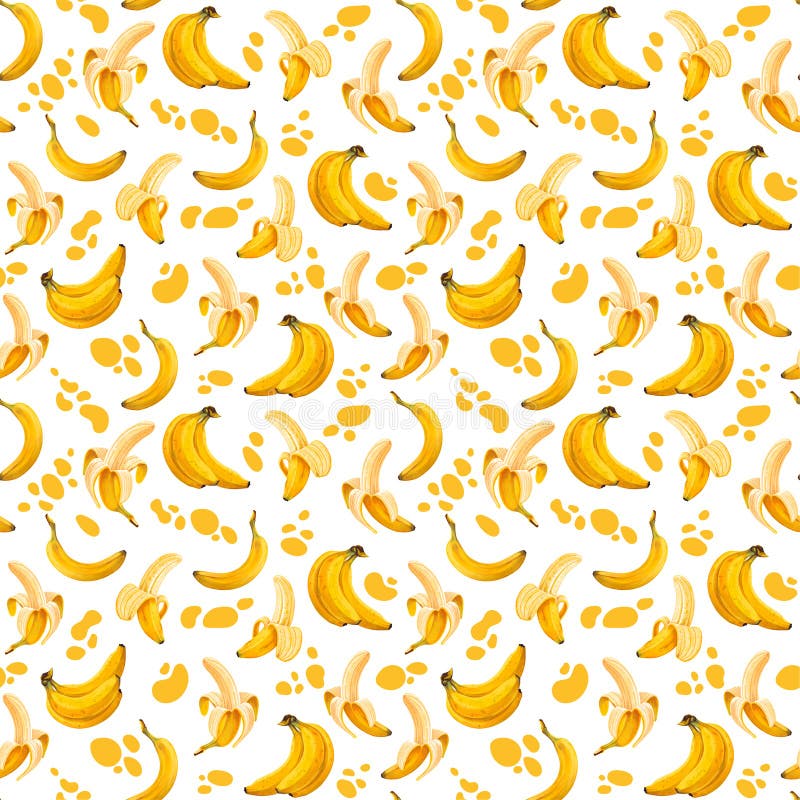 Seamless pattern with bright yellow spots and hand-drawn bananas with high details in a realistic style.