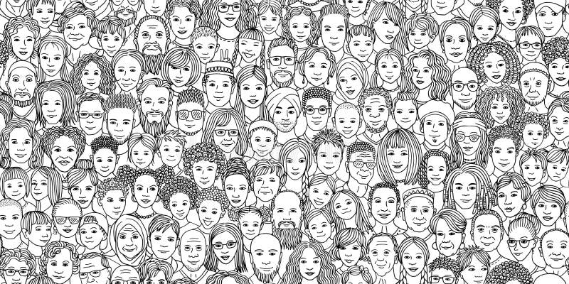 Seamless banner of hand drawn faces of various age groups and ethnicities. Seamless banner of hand drawn faces of various age groups and ethnicities