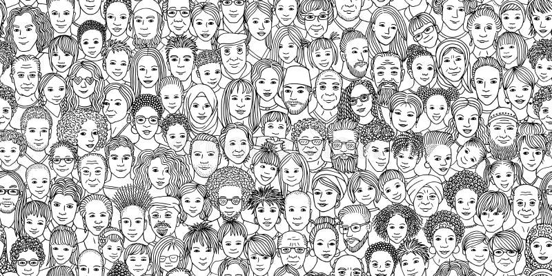 Seamless banner of hand drawn faces of various age groups and ethnicities. Seamless banner of hand drawn faces of various age groups and ethnicities