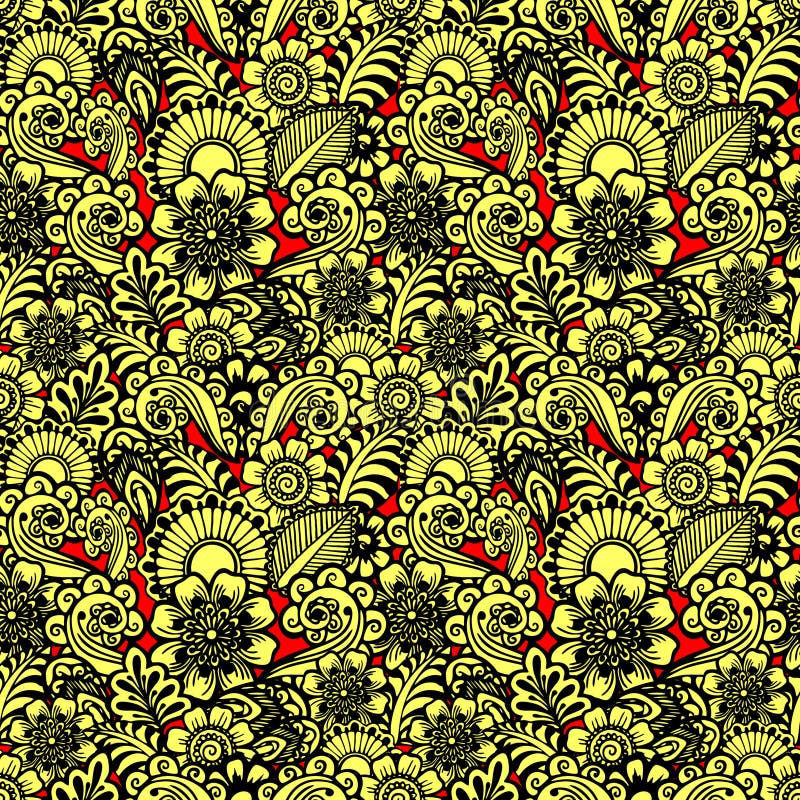 Seamless Black Graphic Pattern on a Yellow Background, Oriental Motifs