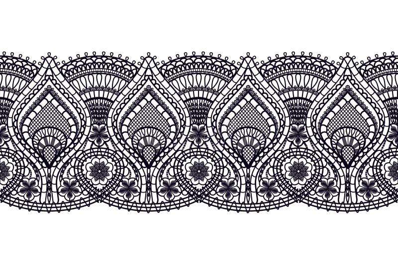 Seamless black lace ribbon with floral elements for design