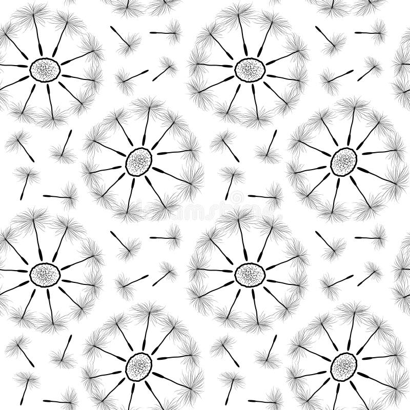 Seamless Black and White Floral Pattern of Dandelion Flowers and Seeds