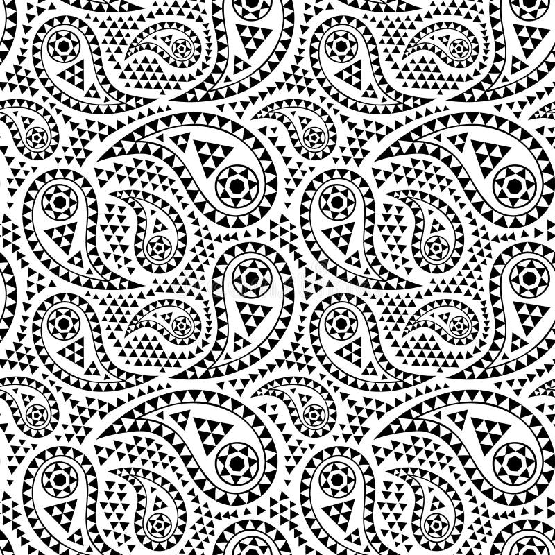 Seamless Black and White Geometric Paisley, Abstract Backgrounds for Fabrics, Wallpapers, Prints