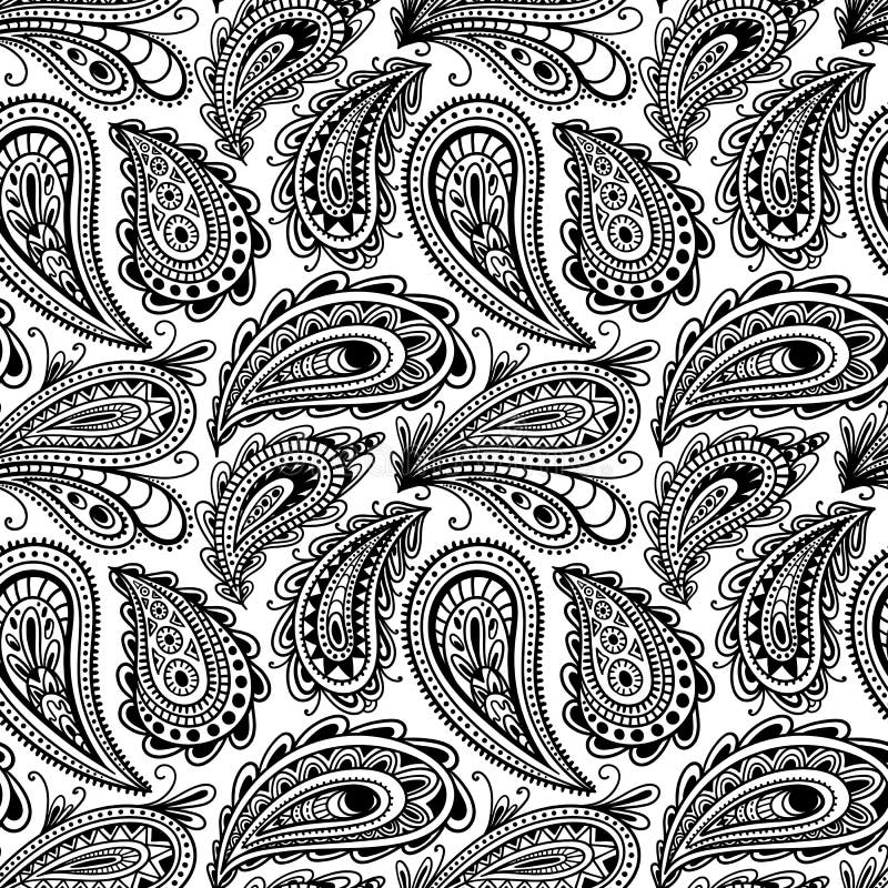 Seamless Paisley Ornament Black White Vector Floral Background Stock ...