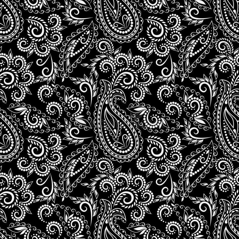 Seamless Black and White Pattern with Paisley and Flowers. Stock Vector ...