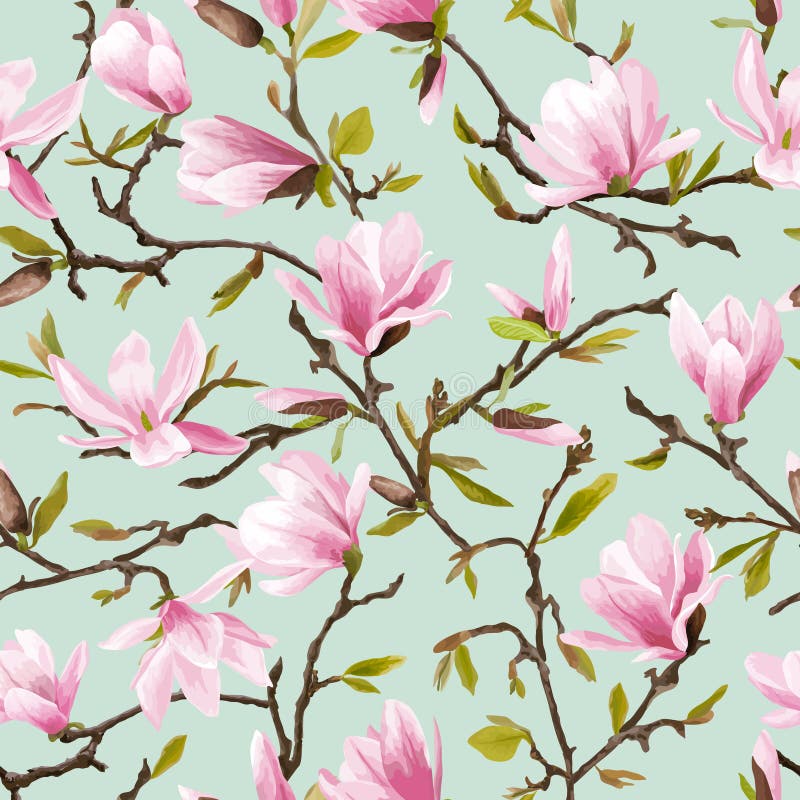 Seamless blom- modell Magnoliablomma- och sidabakgrund stock illustrationer