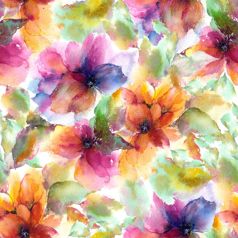 Seamless blom- modell Vattenfärgen blommar bakgrund färgrika blommor stock illustrationer