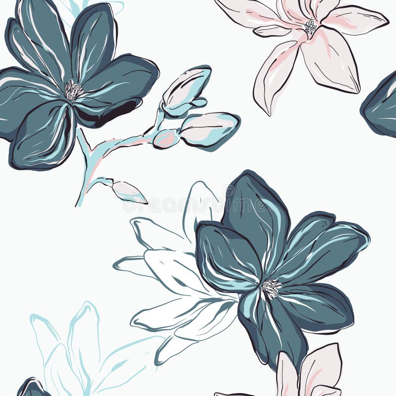 Seamless Blue Navy Vector Floral Pattern. Tender Blue Flowers on White