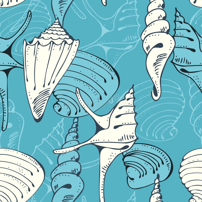 Seamless blue pattern with shells