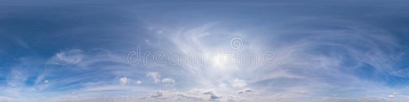 Seamless blue sky hdri panorama 360 degrees angle view with beautiful clouds with zenith for use in 3d graphics as sky dome or royalty free stock photography