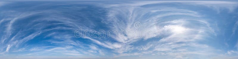 Seamless blue sky hdri panorama 360 degrees angle view with zenith and beautiful clouds for use in 3d graphics as sky dome or edit royalty free stock image