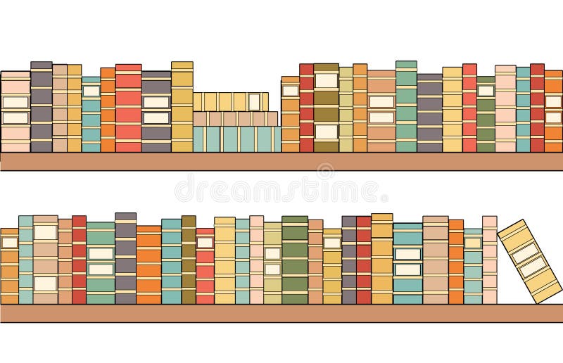 Seamless bookshelves with colorful books. Library and file cabinet. Knowledge and education. Contour vector border