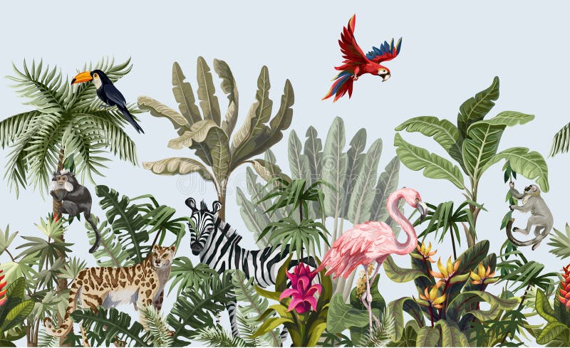 Seamless border with jungle animals, flowers and trees. Vector. vector illustration