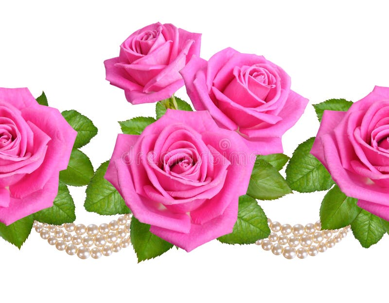 Seamless border with Pink roses and pearls. Isolated on white background.