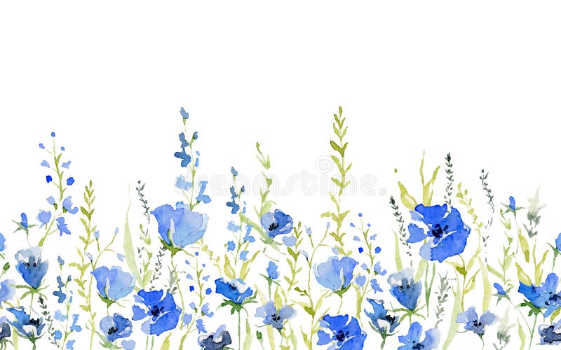 Seamless border with rustic gentle blue flowers. Botanical background design for textile, wallpaper, print. Isolated on white back