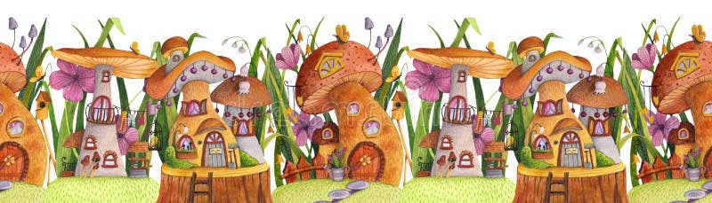 Seamless border. Street of mushroom houses with grass, flowers, butterfly, nesting box, fence, banner and well.