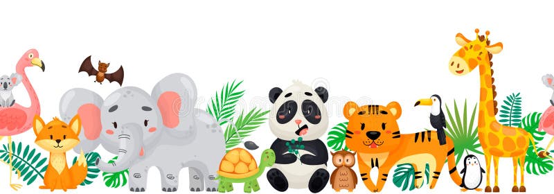 Seamless Border of Vector Cartoon Wild Animals with Tropical Leaves. Stock  Illustration - Illustration of elements, group: 180808592