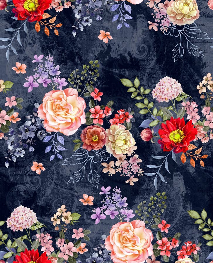 Seamless borders watercolor floral design of multi colored flowers with leaves on effect background dark blue background for text stock illustration