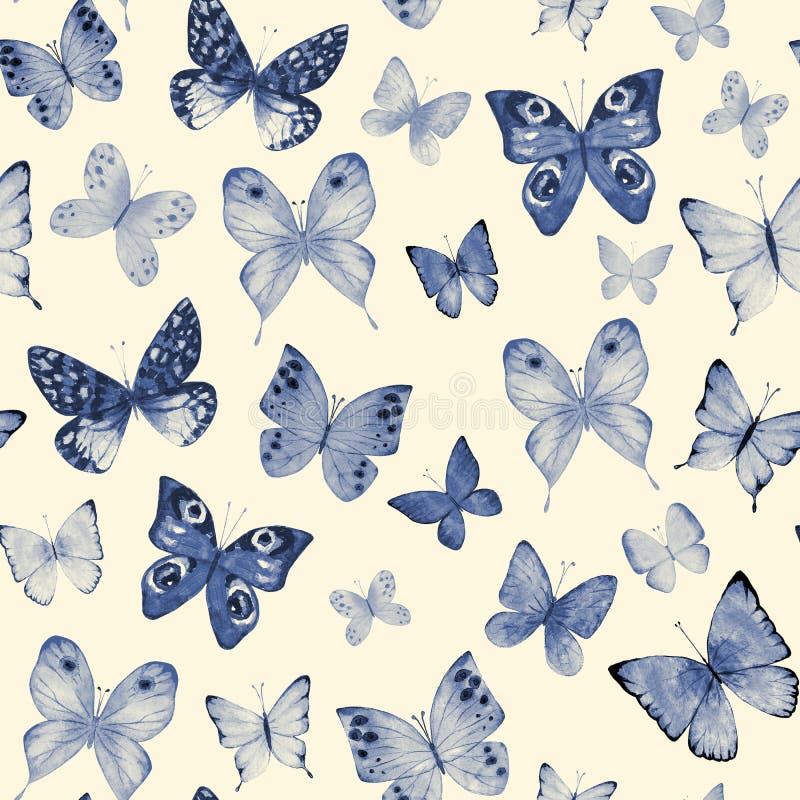 Seamless botanical summer pattern with indigo blue watercolor butterflies