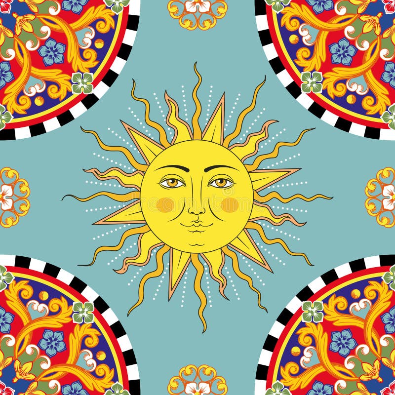 Seamless bright background. Colorful ethnic round ornamental mandala. Sun with human face symbol. Trendy pattern. Vector