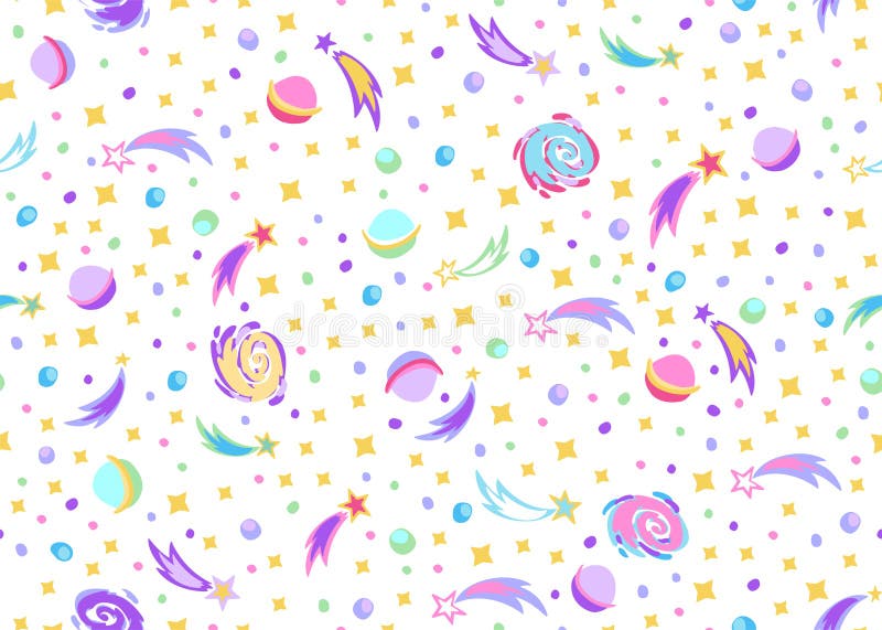 Seamless bright doodle space fabric textile pattern with planets, stars, galaxies on white background in kids design. royalty free illustration Seamless bright doodle space fabric textile pattern with planets, stars, galaxies on white background in kids design. royalty free illustration