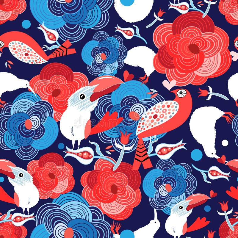 Seamless bright pattern with flowers and birds in love stock illustration Seamless bright pattern with flowers and birds in love stock illustration